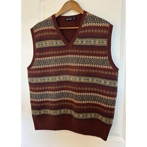 Nautica Mens Vest Large Fair Isle Rust Wool Blend Knit Retro Sweater Vintage